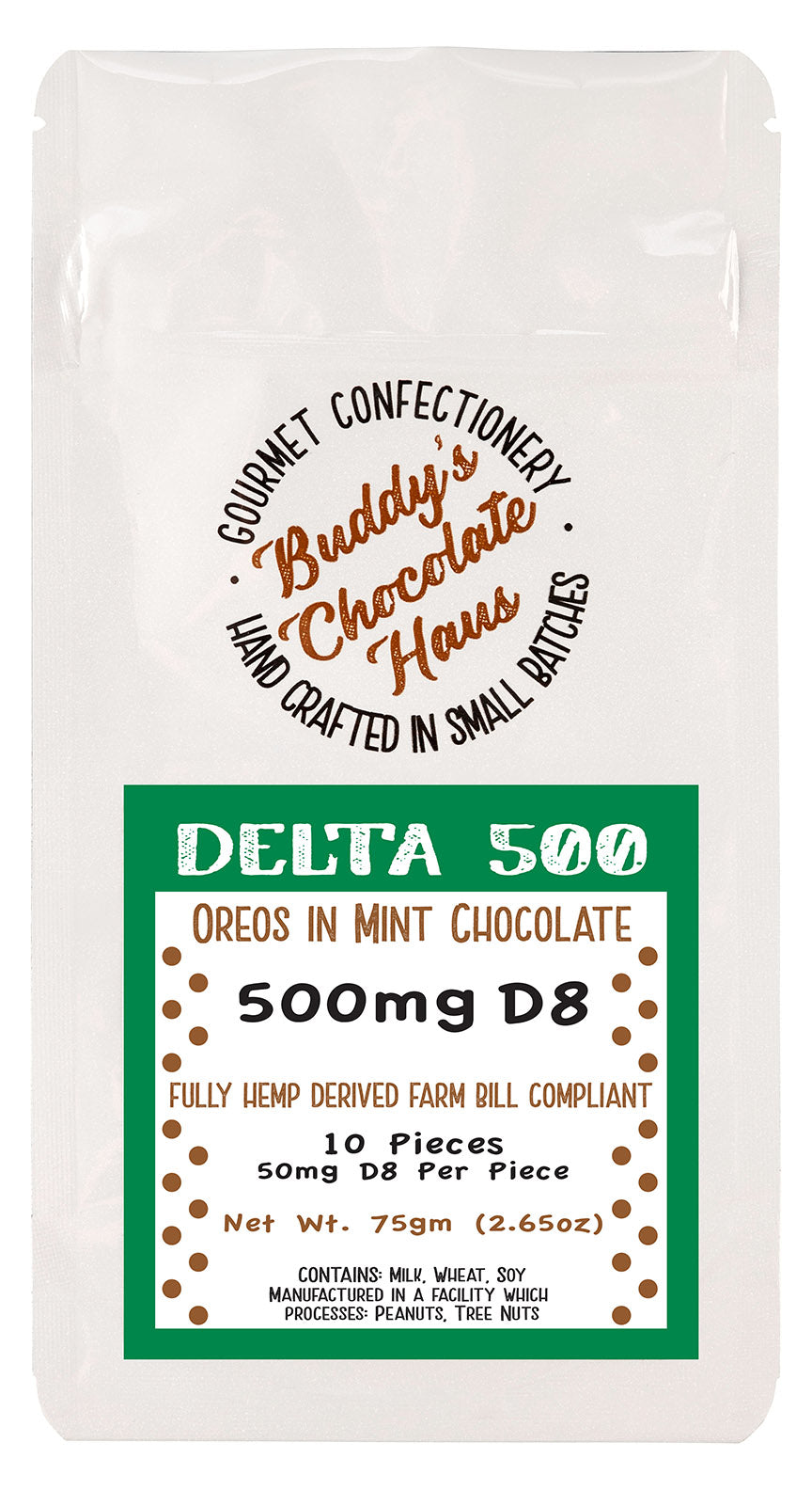 mint cookies and cream chocolate infused with delta 8 (D8) derived from hemp