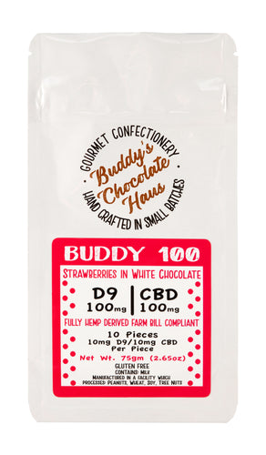 white chocolate with strawberries bar infused with Delta 9 THC and CBD derived from hemp