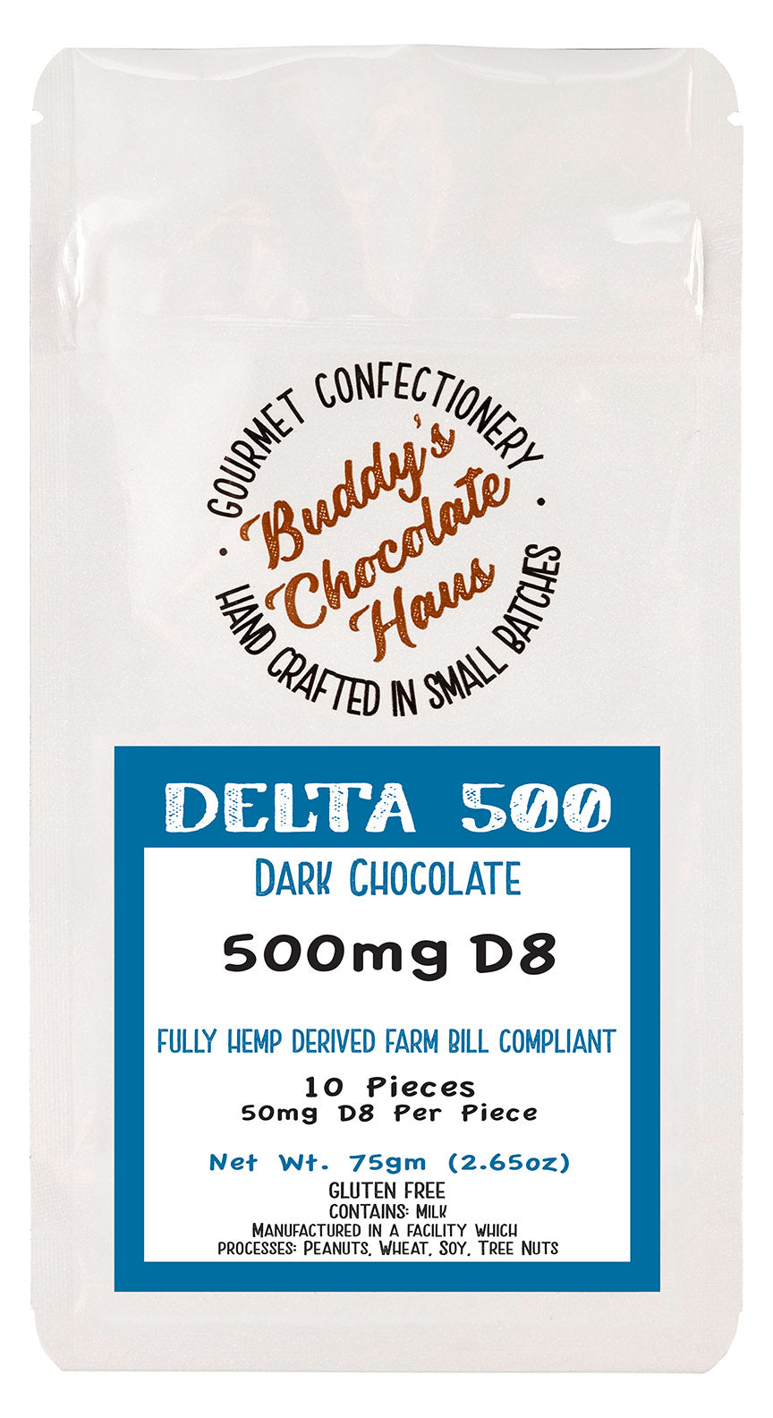 dark chocolate bar infused with delta 8 (D8) derived from hemp