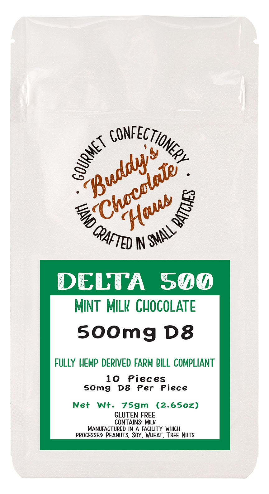 mint milk chocolate bar infused with delta 8 (D8) derived from hemp