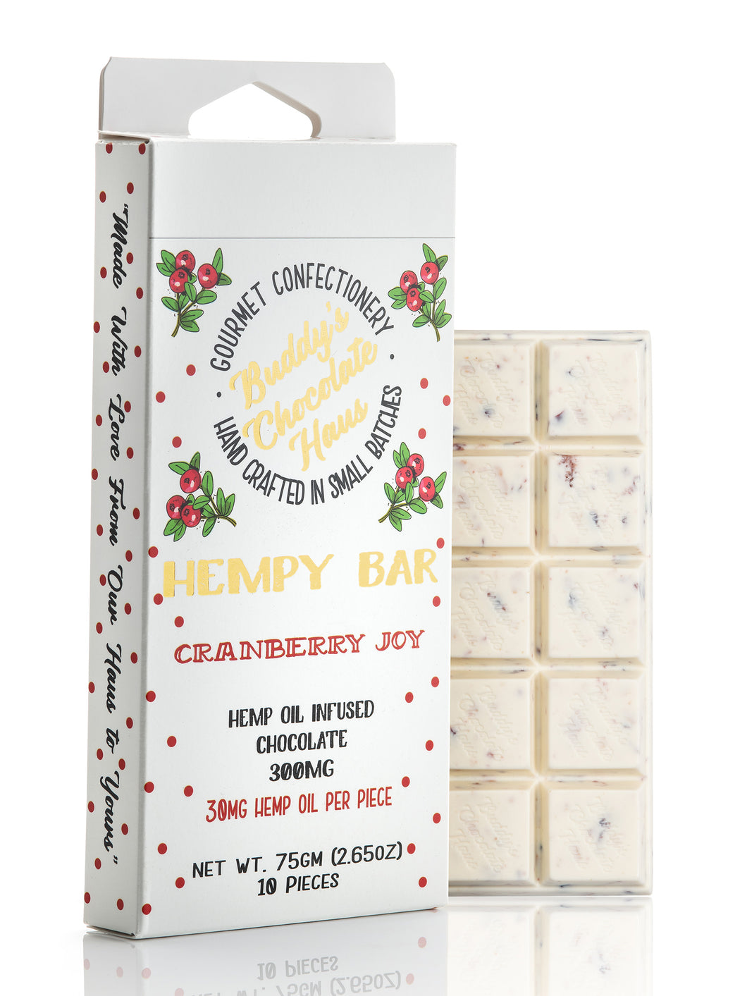 white chocolate and cranberries bar infused with CBD derived from hemp